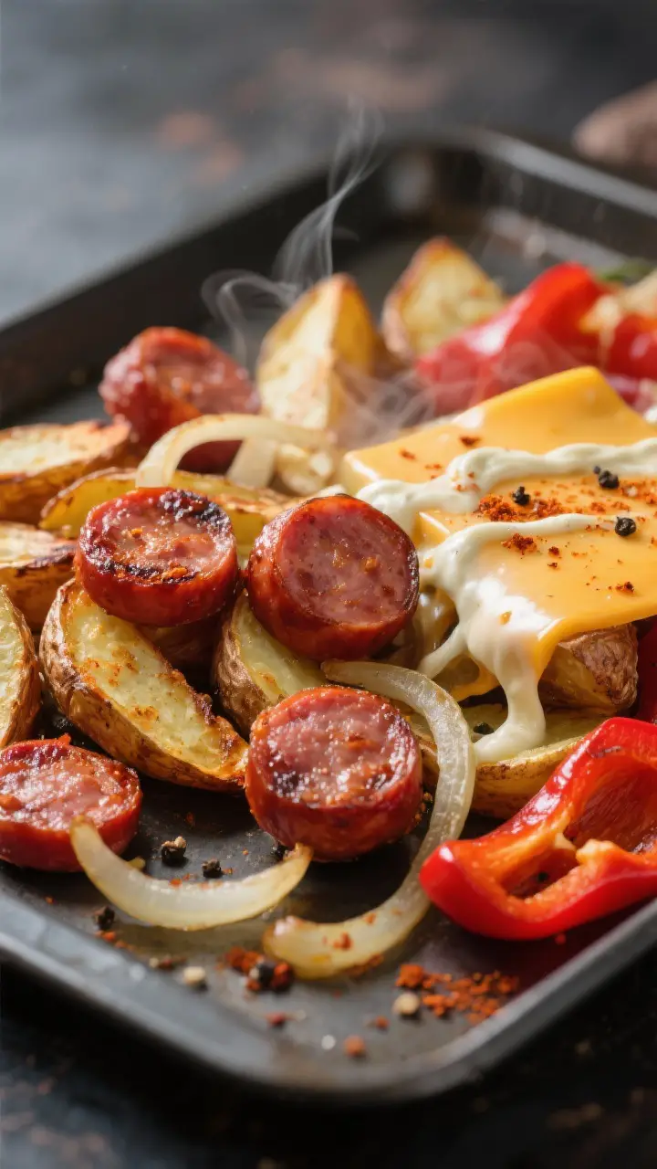 Close-up detail shot: Caramelized smoked sausage coins nestled among roasted baby red and gold potat