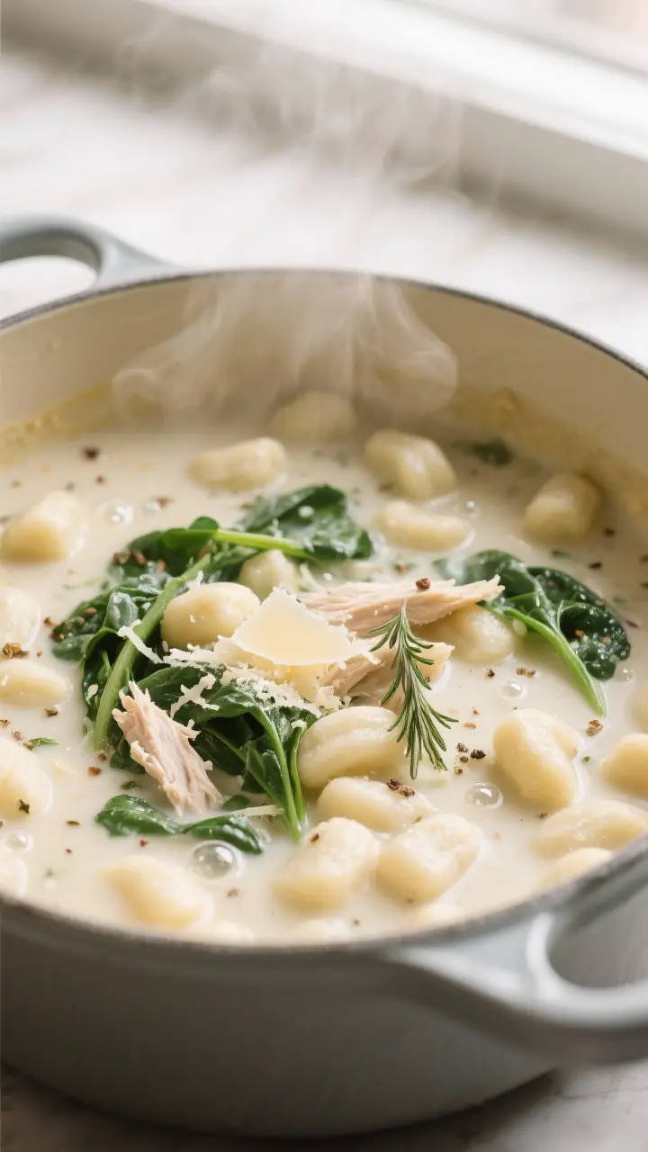 Close-up detail shot: Creamy chicken gnocchi soup simmering in a Dutch oven, gnocchi just floated an