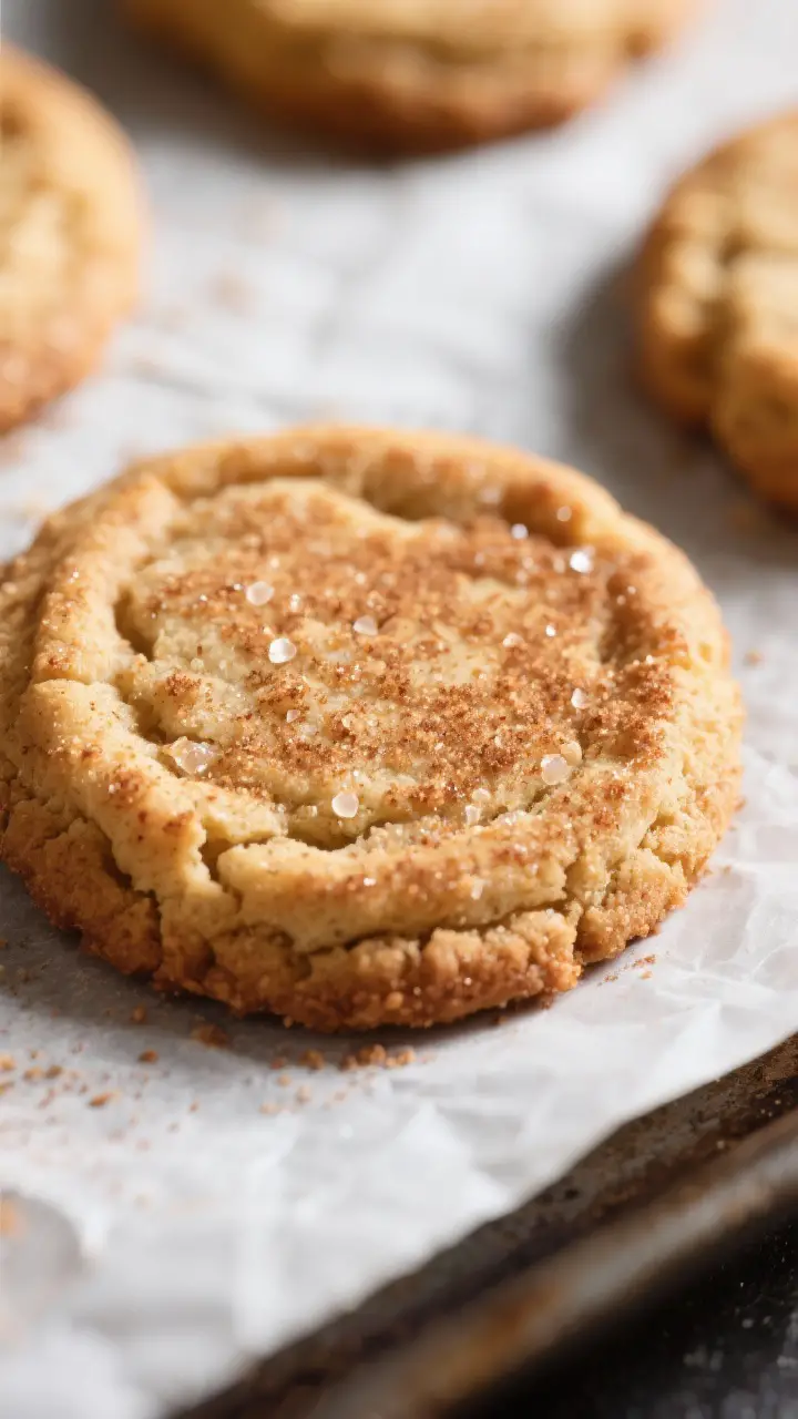 Close-up detail shot: Freshly baked snickerdoodle cookie just out of the oven on parchment, crisp go