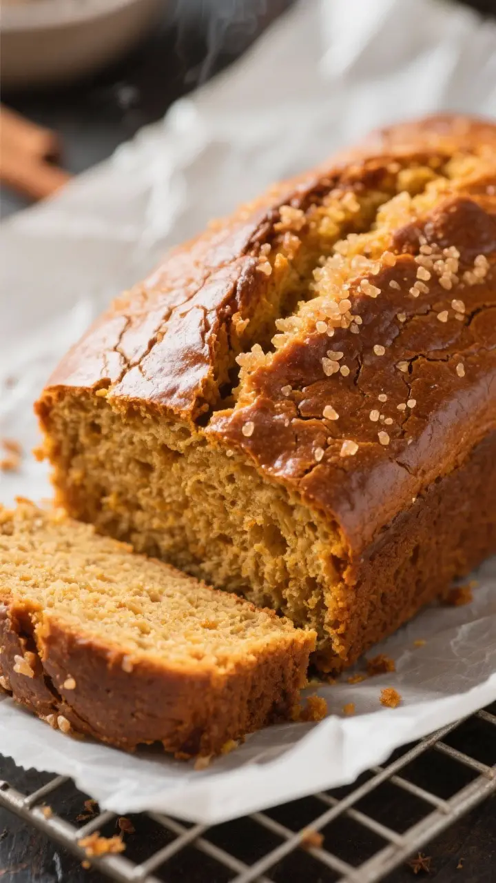 Close-up detail shot of a freshly baked pumpkin bread loaf just out of the pan, showcasing the gloss