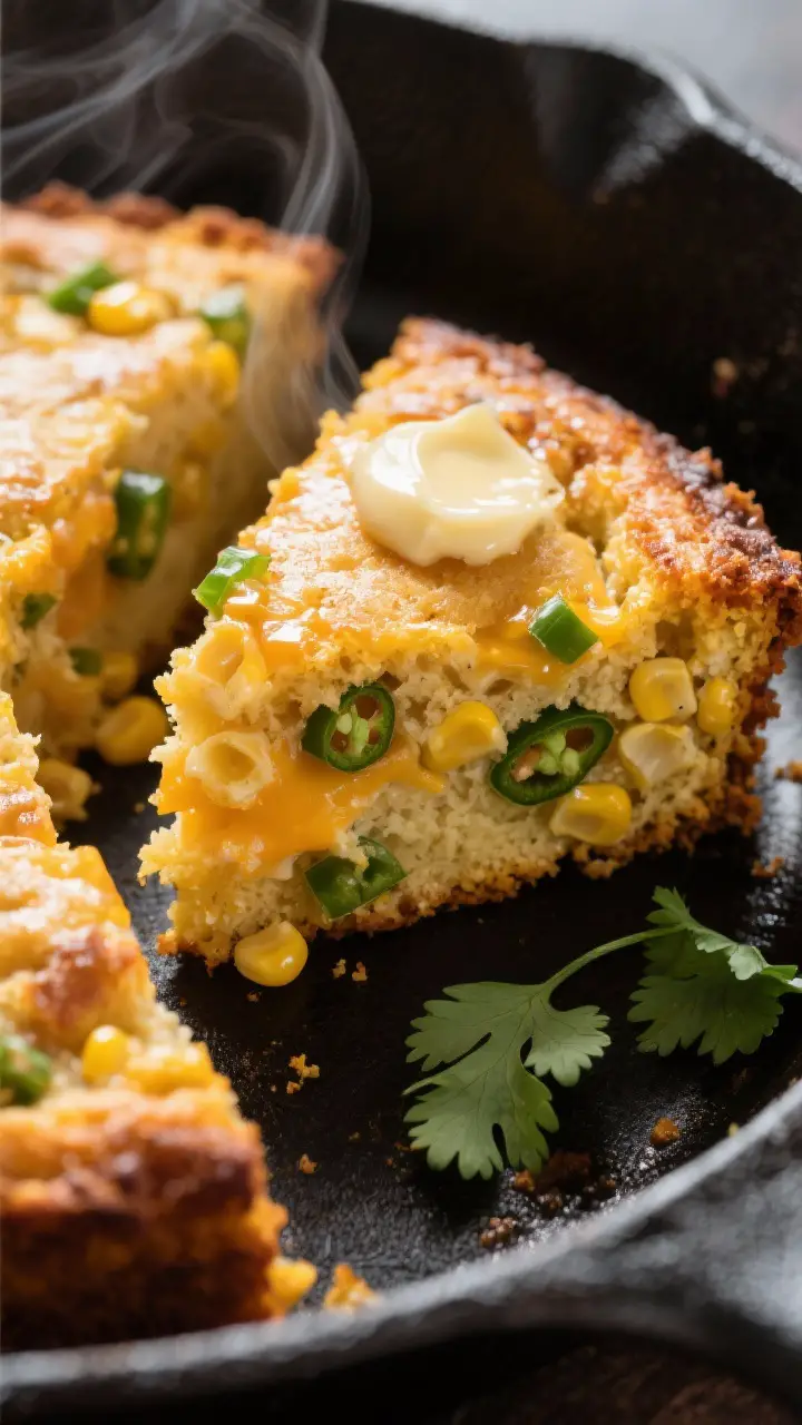 Close-up detail shot of a wedge of Mexican cornbread just cut from a cast-iron skillet, showing gold