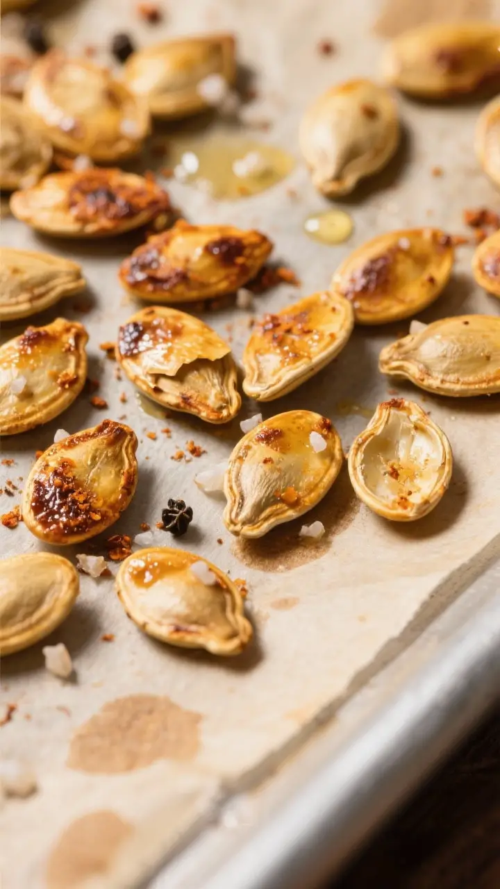Close-up detail shot of freshly roasted pumpkin seeds just out of the oven, golden-brown with crisp,