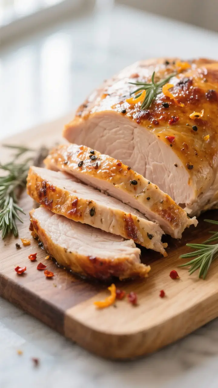 Close-up detail: Sliced roasted turkey breast fanned on a cutting board, ultra-juicy glistening meat