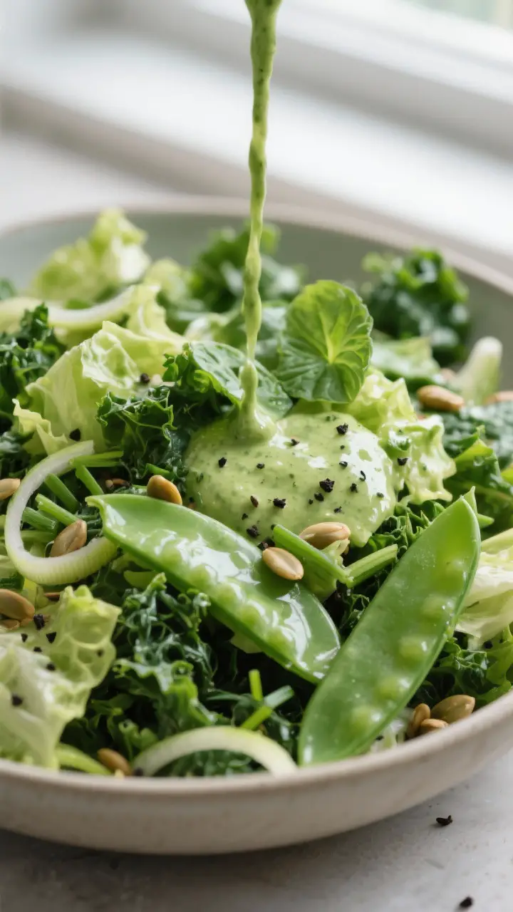Close-up detail: Tossed green goddess salad mid-dressing with glossy, pourable herb-green dressing c