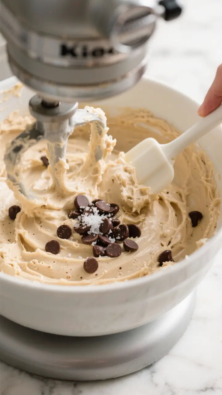 Cooking process close-up: A stand mixer bowl filled with creamy, pale tan cookie dough dip just afte