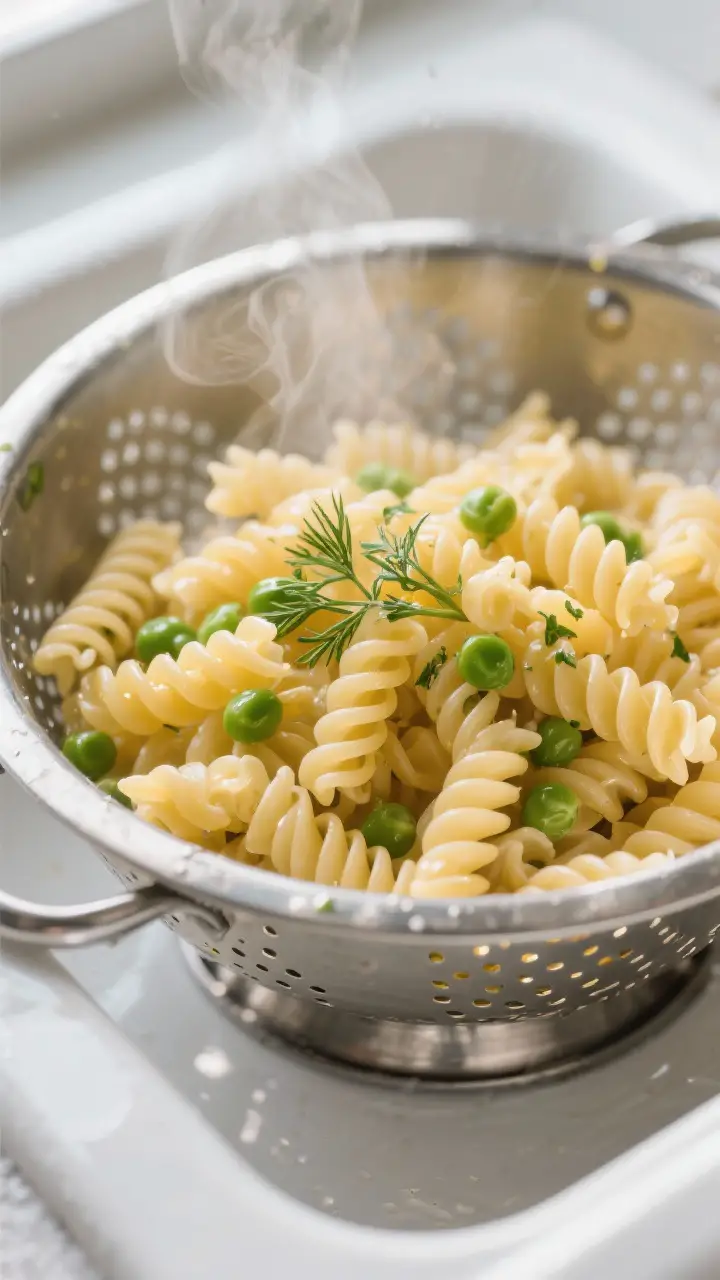 Cooking process, close-up: Al dente rotini just drained and briefly cooled, glistening with a light
