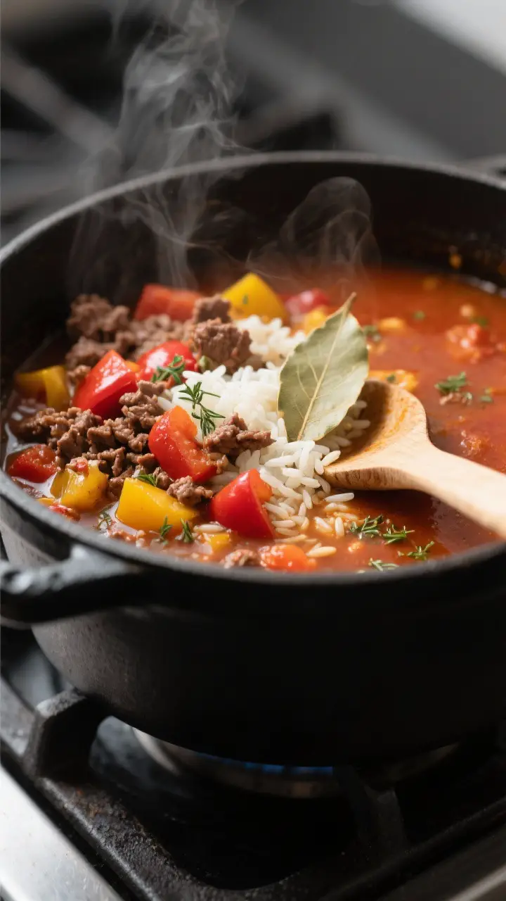 Cooking process, close-up detail: Close-up of simmering Stuffed Pepper Soup in a matte black Dutch o