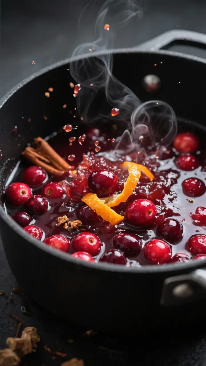 Cooking process, close-up detail: Cranberry sauce mid-simmer in a matte black saucepan, cranberries