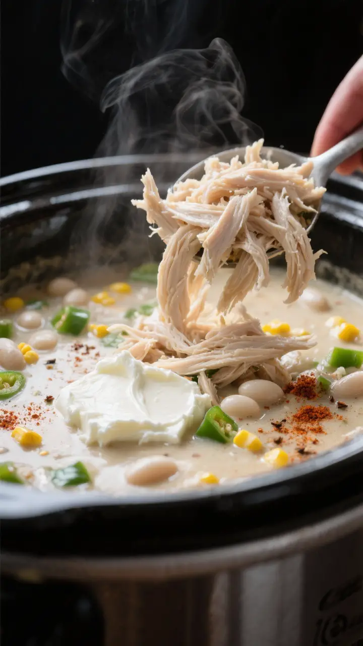 Cooking process, close-up detail: Shredded white chicken being folded back into a creamy white chick