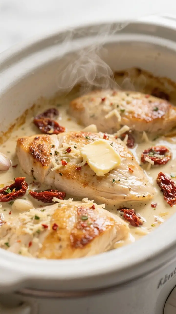 Cooking process close-up: Slow cooker filled with lightly golden seared chicken breasts nestled in a