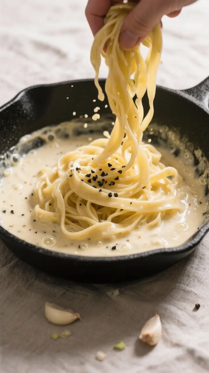 Cooking process: Fettuccine being tossed directly in the pan with the finished Alfredo, strands coat