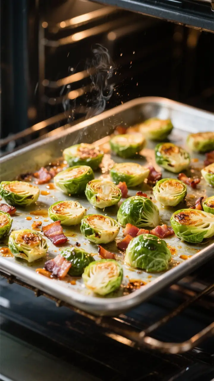 Cooking process: Hot preheated sheet pan in the oven with Brussels sprouts arranged cut side down in
