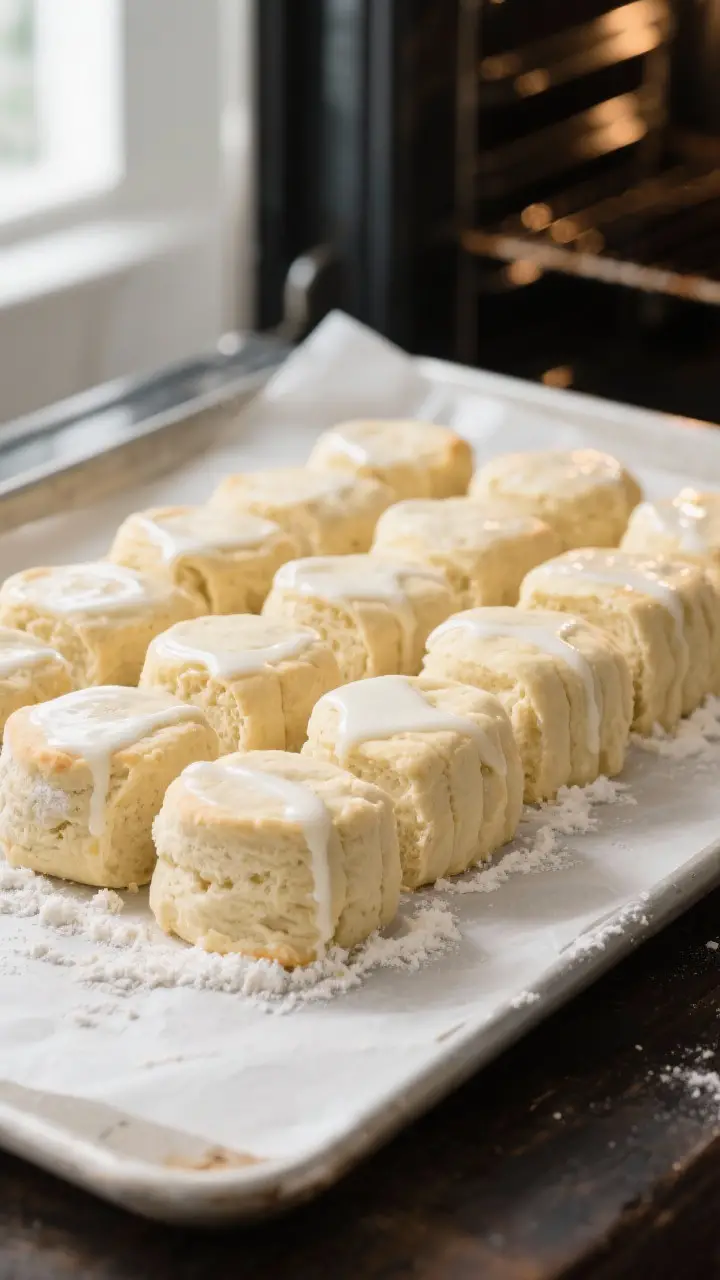 Cooking process: Overhead shot of a 1-inch-thick slab of biscuit dough after the third pat-and-fold 