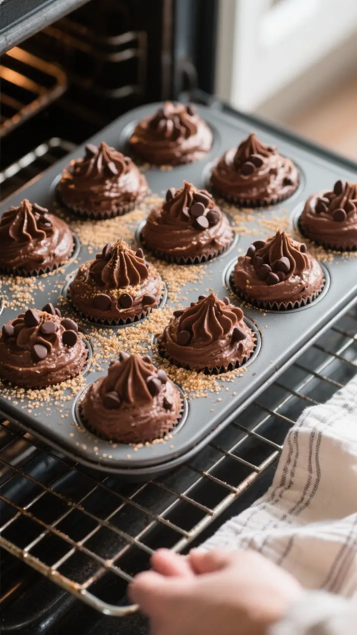 Cooking process: Overhead shot of a 12-cup muffin tin just filled to the brim with thick double choc