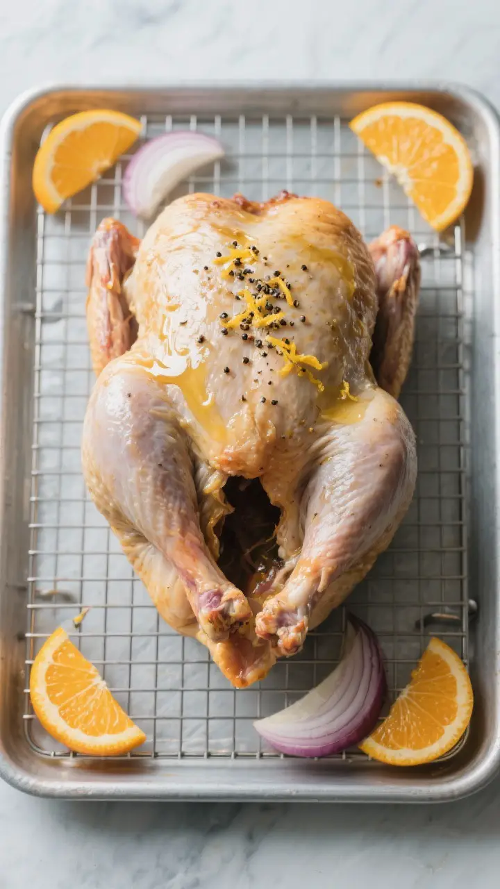 Cooking process: Overhead shot of a brined turkey just out of the fridge after air-drying, placed on
