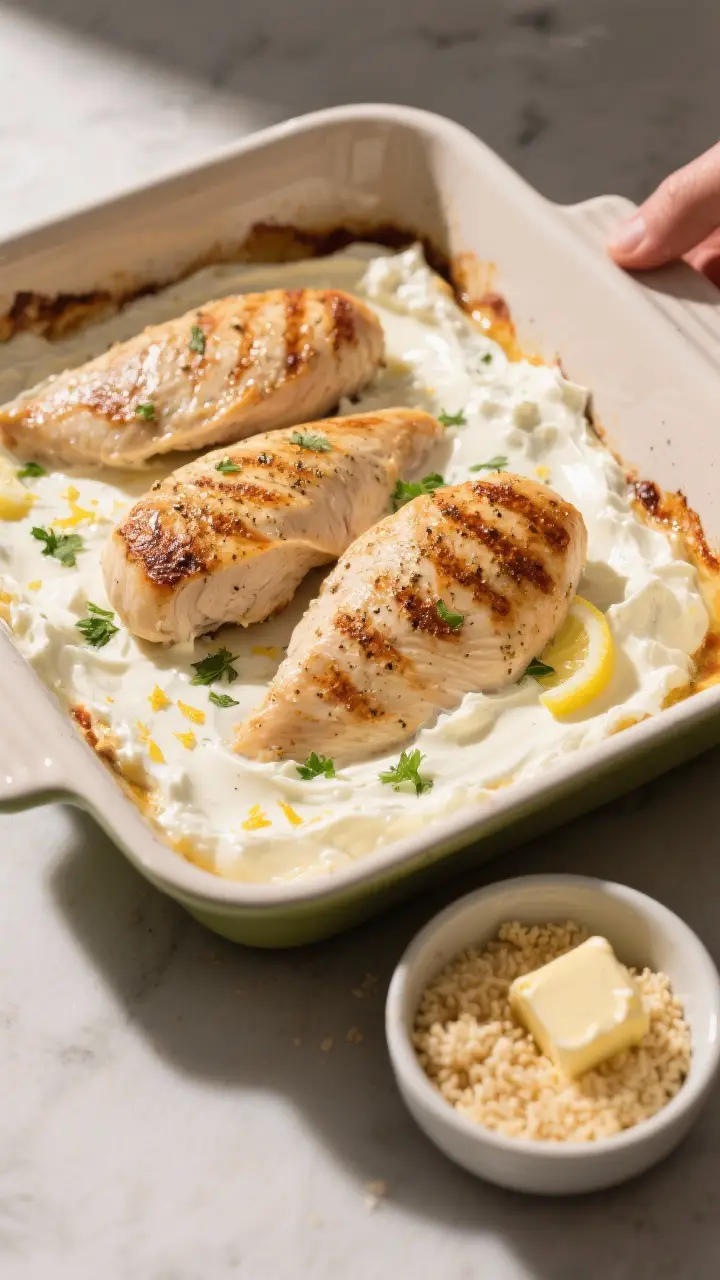 Cooking process: Overhead shot of seared, seasoned chicken breasts nestled in a lightly greased baki