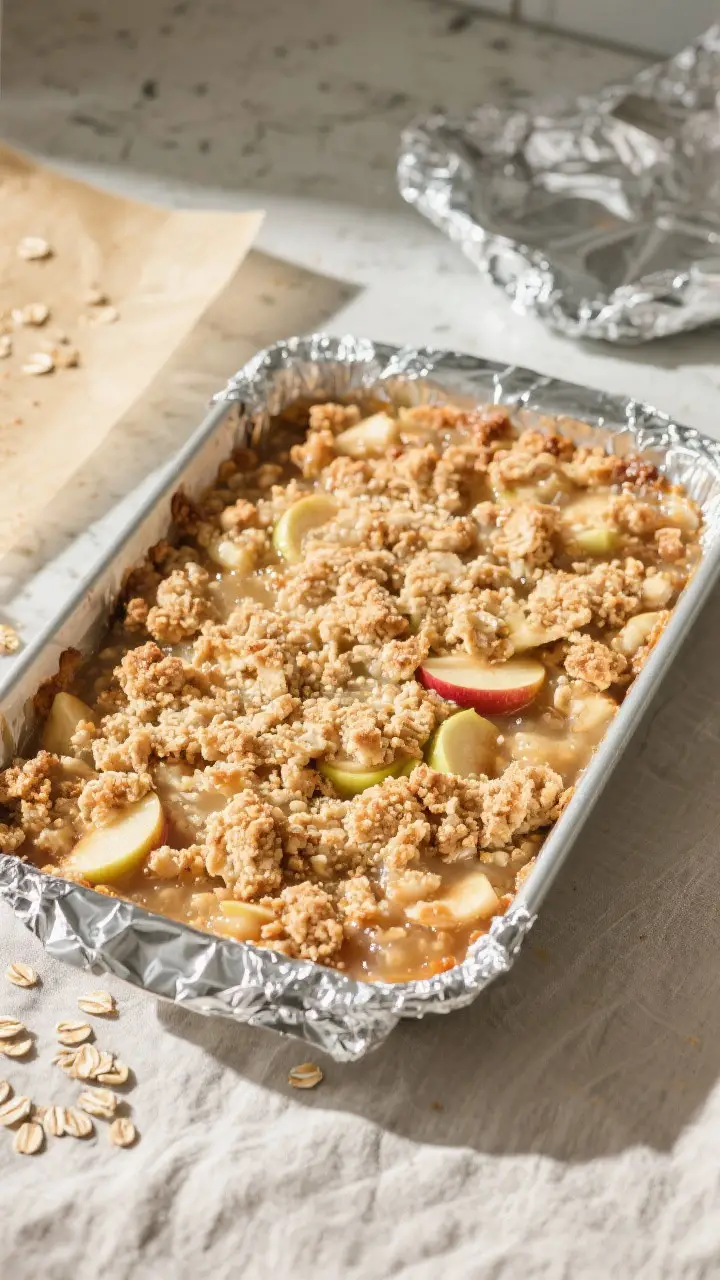 Cooking process: Overhead shot of the assembled apple crisp mid-bake in a 9x13 dish, topping evenly