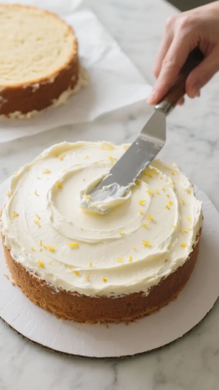 Cooking process: Overhead shot of the first cake layer on a turntable being frosted with silky lemon