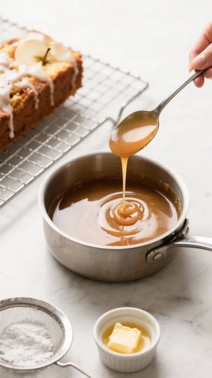 Cooking process: Overhead shot of the reduced apple cider glaze being whisked to a thick-but-pourabl