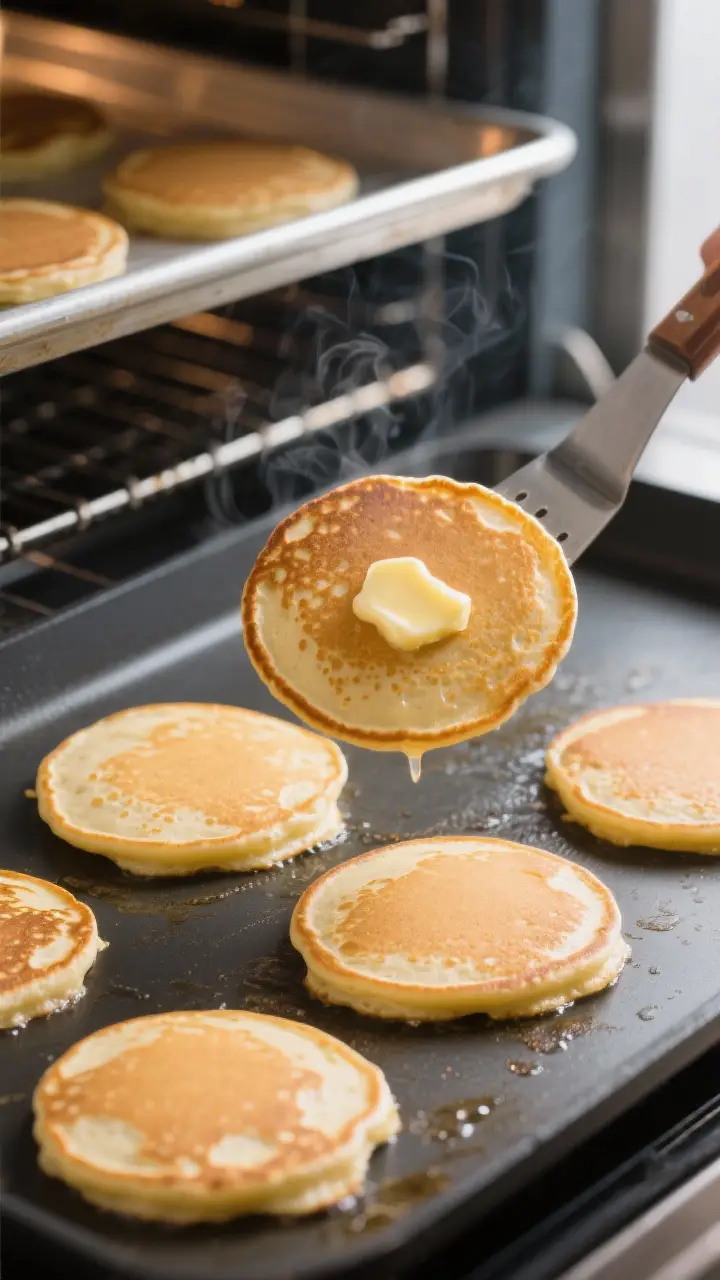 Cooking process: Pancakes mid-cook on a preheated nonstick griddle at medium heat, 1/4-cup rounds wi
