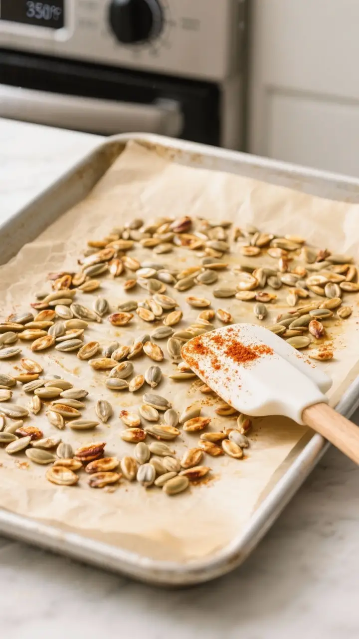 Cooking process shot of seeds mid-roast: a single layer spread on a parchment-lined sheet pan after