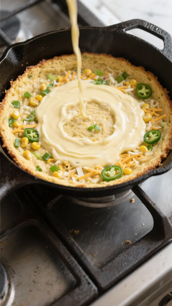 Cooking process shot: overhead view of a preheated 10-inch cast-iron skillet fresh from the oven wit