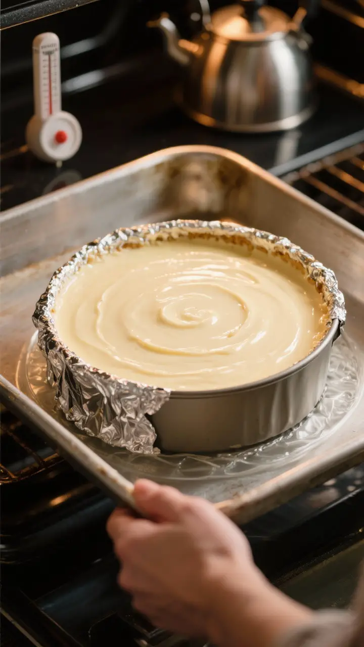 Cooking process shot: Overhead view of the springform pan nestled inside a roasting pan water bath i