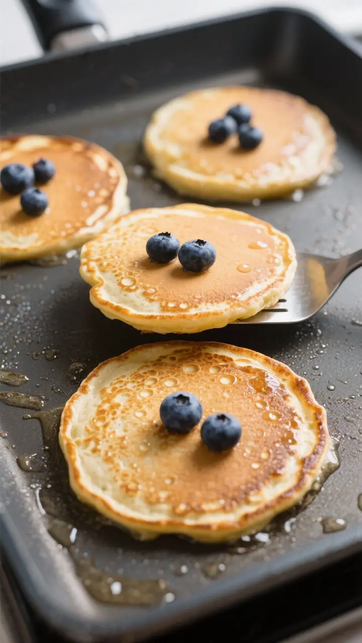 Cooking process shot: Three pancakes cooking on a preheated nonstick griddle over steady medium heat