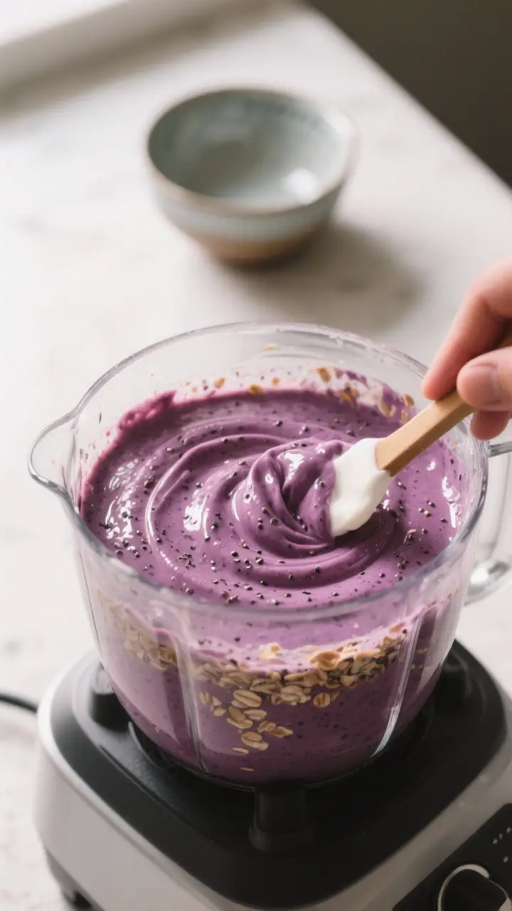 Cooking process — ultra-thick blend in action: Close-up of a high-speed blender jar with a dense,