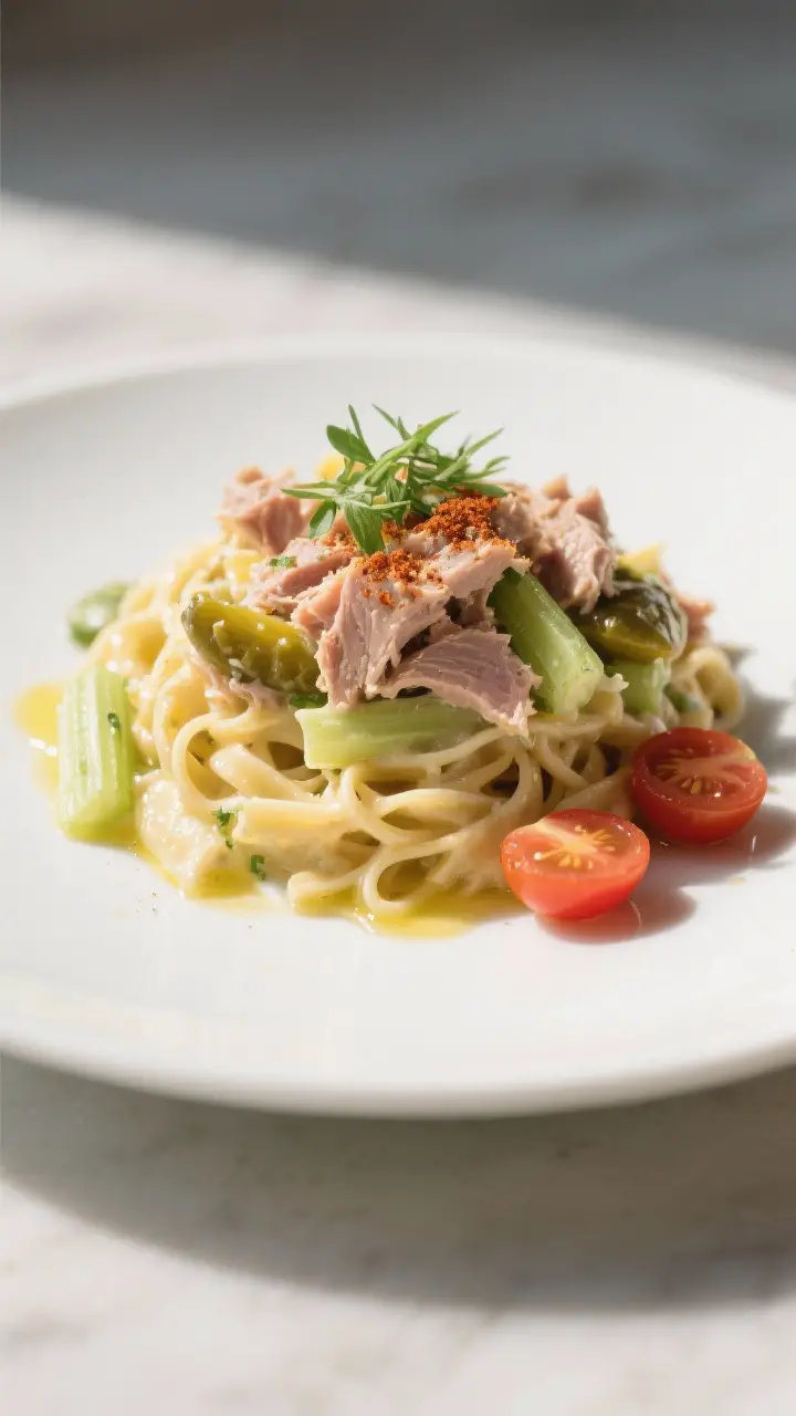 Final dish, plated beauty shot: Restaurant-quality single serving of tuna pasta salad mounded on a m