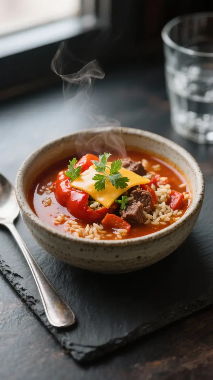 Final dish, plated comfort: Restaurant-quality presentation of Stuffed Pepper Soup served in a rusti