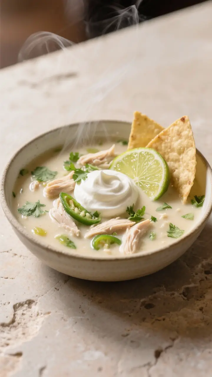 Final dish, plated restaurant-style: Beautifully plated white chicken chili in a wide, shallow ceram