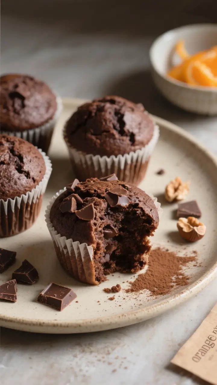 Final dish presentation: Beautifully plated bakery-style double chocolate muffins with tall domes on