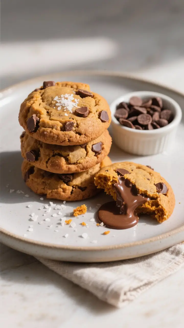 Final dish presentation: Beautifully plated stack of three pumpkin chocolate chip cookies on a matte