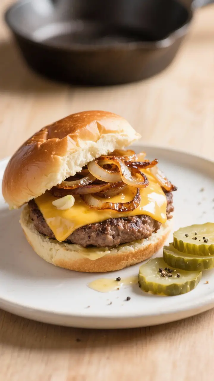 Final dish presentation: Oklahoma-style onion smash burger, plated and ready to serve—thin patty f