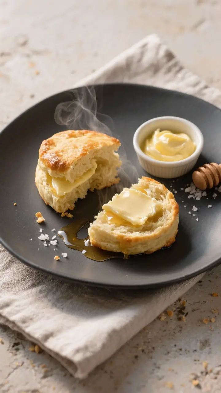 Final dish presentation: Restaurant-quality plated buttermilk biscuits on a matte charcoal plate, tw