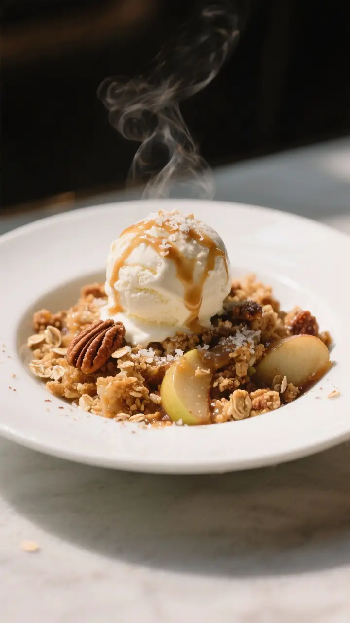 Final dish presentation: Restaurant-quality plated serving of apple crisp in a shallow white bowl, t