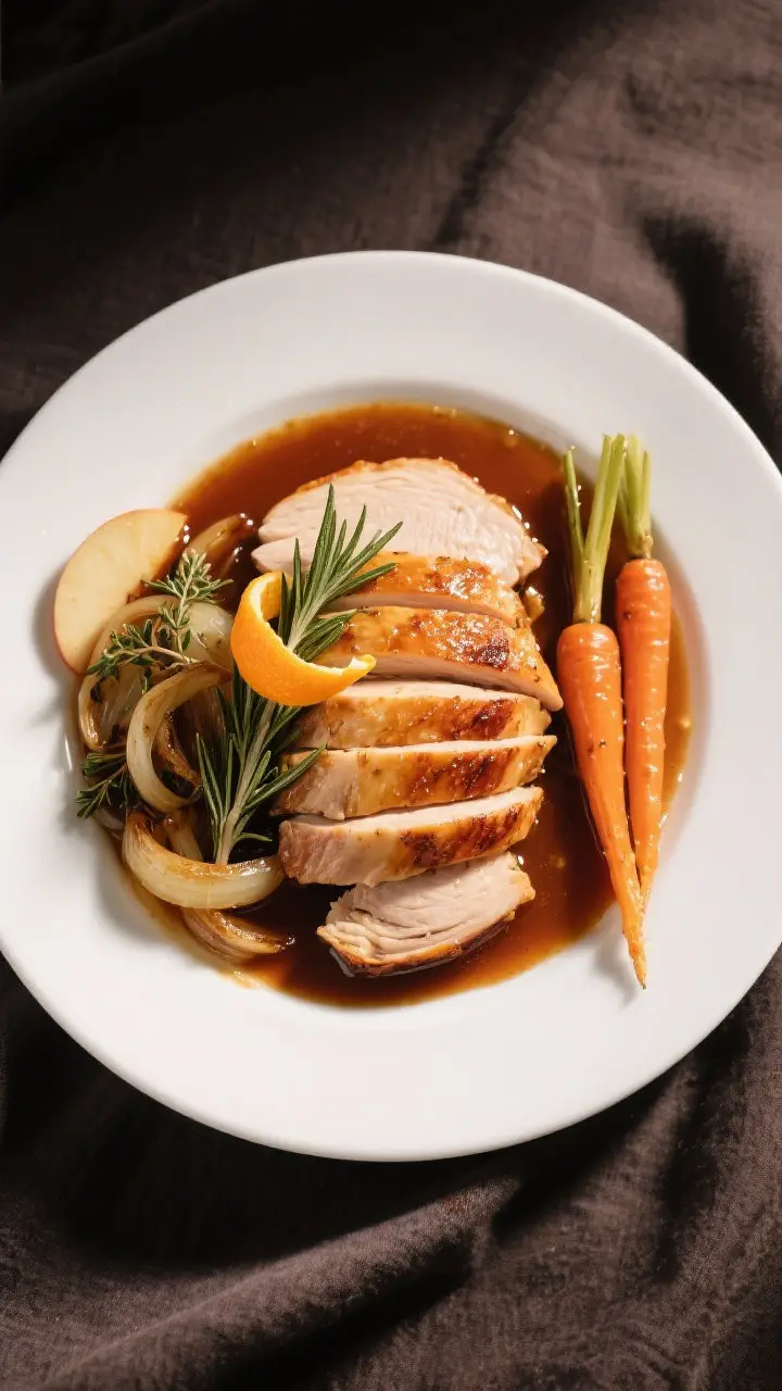 Final dish presentation: Restaurant-quality plated turkey dinner—thick, even slices of brined-and-