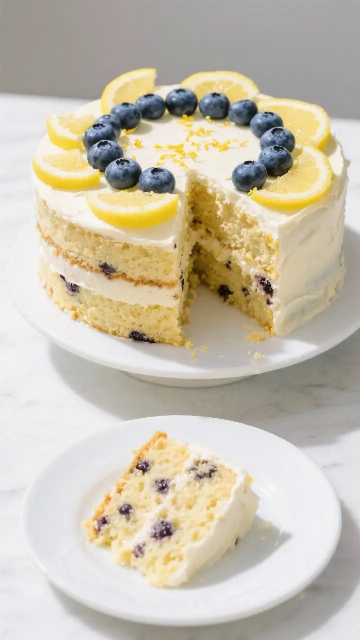 Final dish presentation: Restaurant-quality two-layer lemon blueberry cake fully frosted and decorat