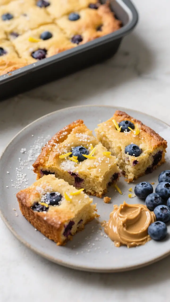 Final dish presentation: Top-down “Blueberry Muffin” variation baked in an 8x8 pan, cut into nea