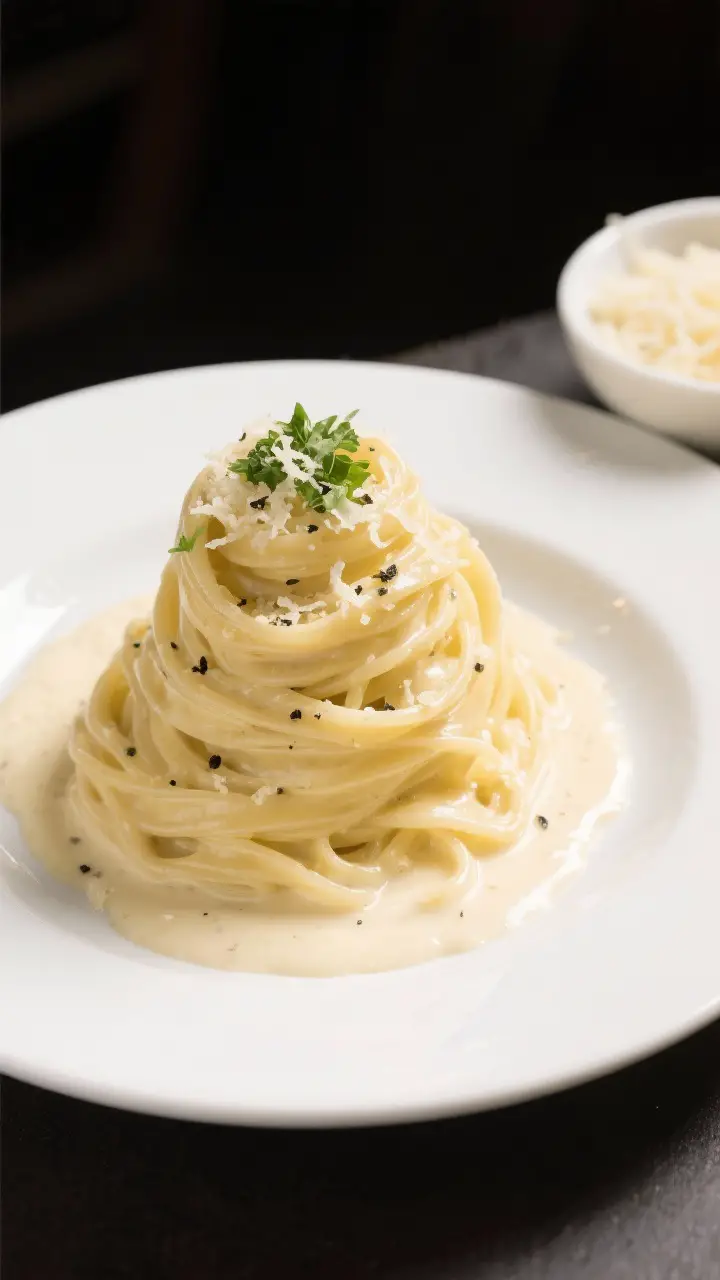 Final dish presentation (top view): Restaurant-style Fettuccine Alfredo twirled into a tall nest on 
