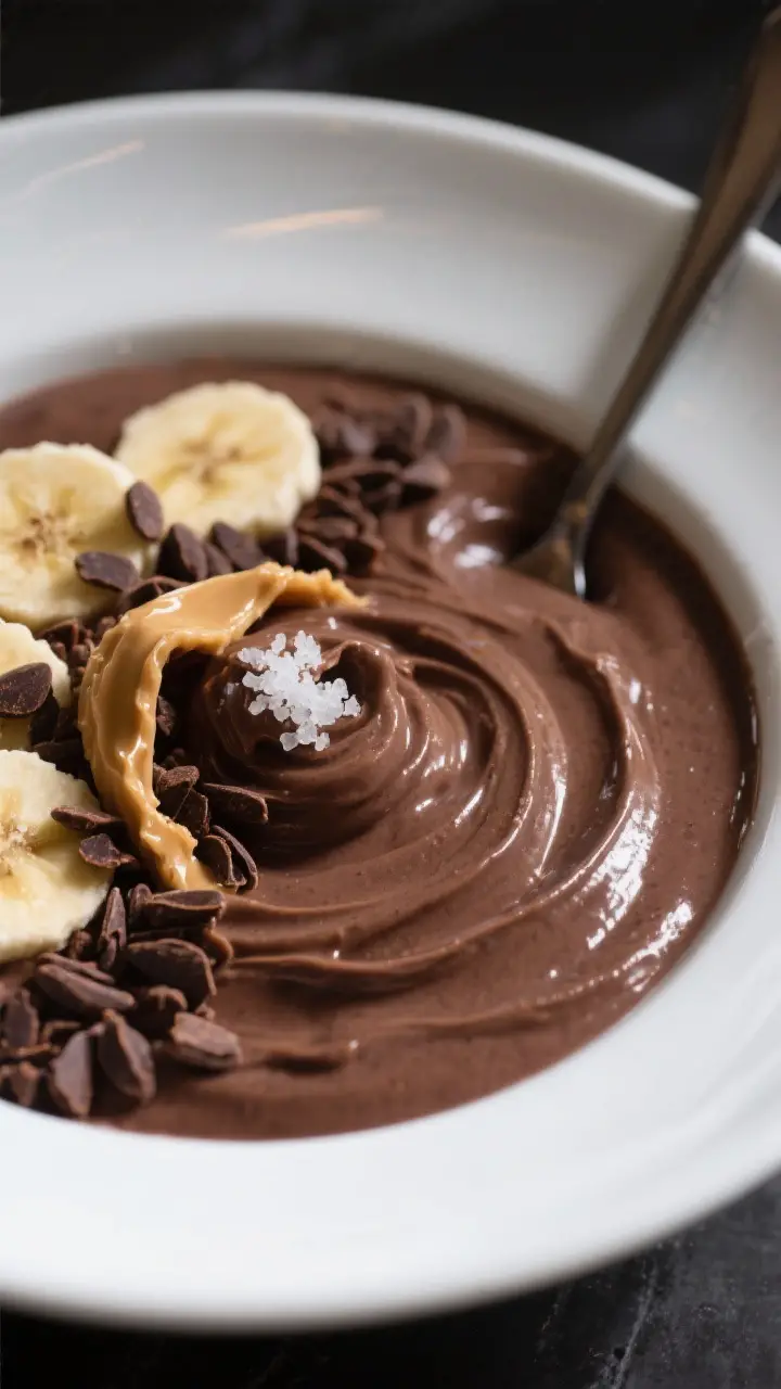 Final dish variation — Chocolate PB Dream: Close-up detail of a chocolate-peanut butter smoothie b