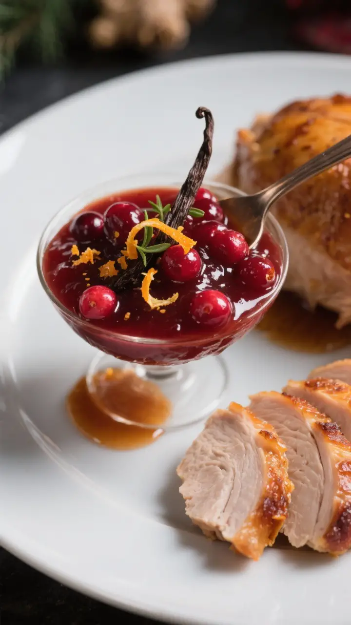 Final dish variation, plated presentation: Bourbon–maple cranberry sauce showcased as a condiment