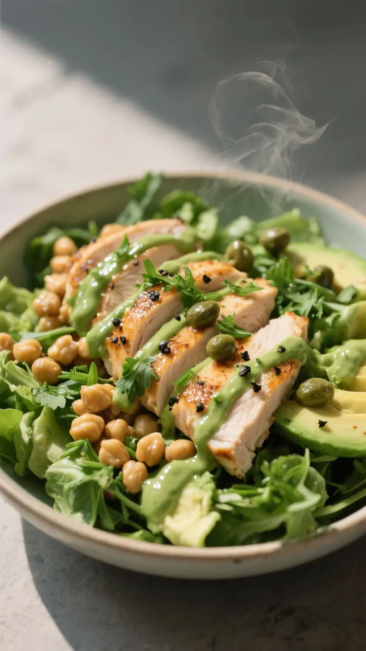Final dish with protein variation: Beautifully plated green goddess power bowl featuring the salad b
