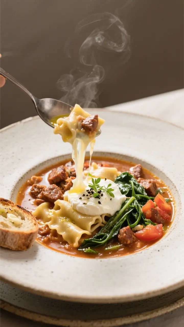 Final plated beauty: Three-quarter angle hero shot of plated lasagna soup with perfectly separated e