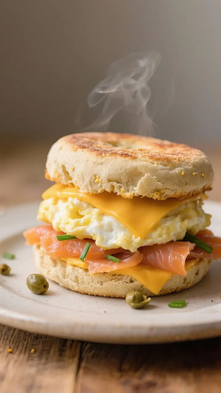 Final plated breakfast sandwich: Sourdough discard English muffin stacked with a soft-folded scrambl