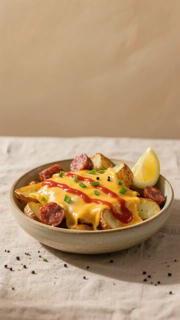Final plated dish presentation: Bowl of Cheesy Ranch Potatoes and Smoked Sausage served family-style