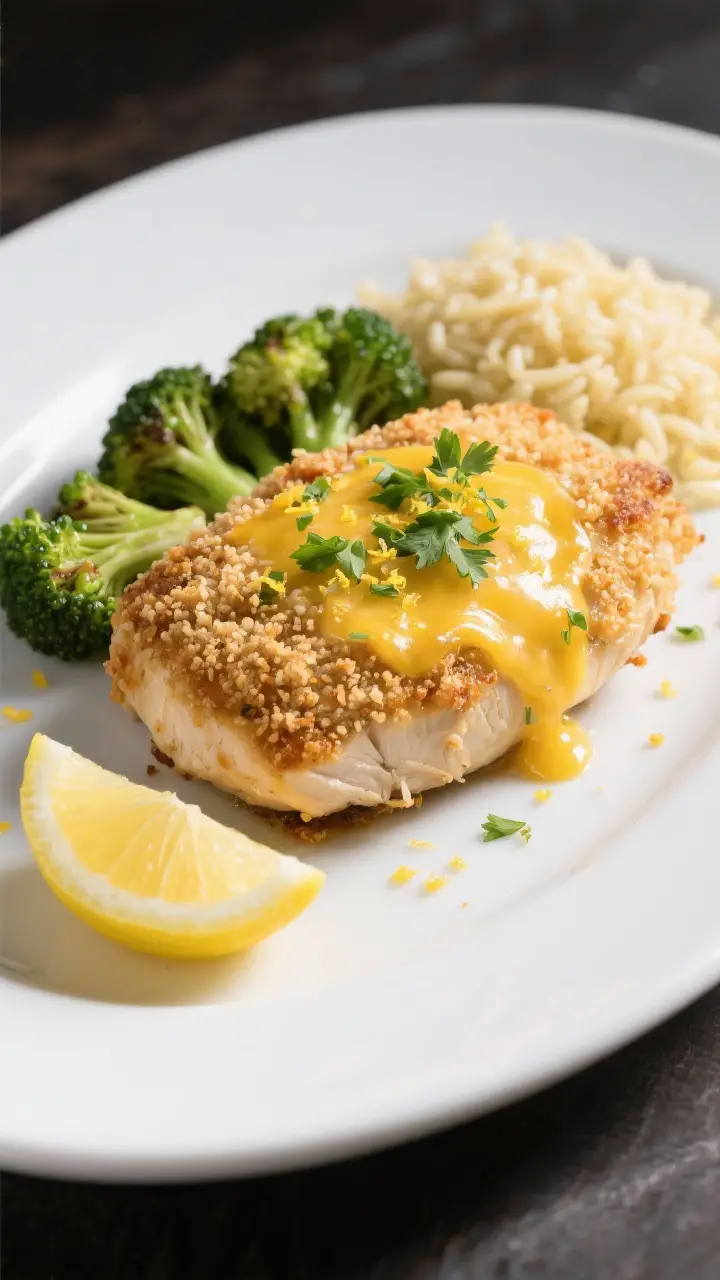 Final plated dish: Restaurant-quality presentation of a single chicken breast on a wide white plate,