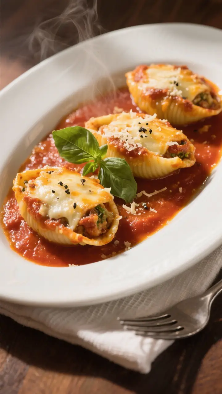 Final plated dish: Restaurant-quality presentation of three stuffed shells on a wide white rimmed pl