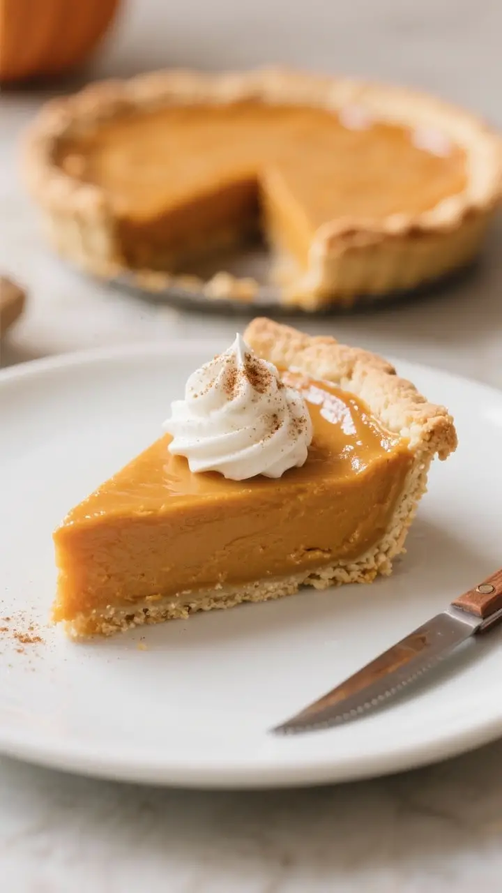 Final plated hero shot: A clean, bakery-level slice of pumpkin pie on a matte white plate, topped wi
